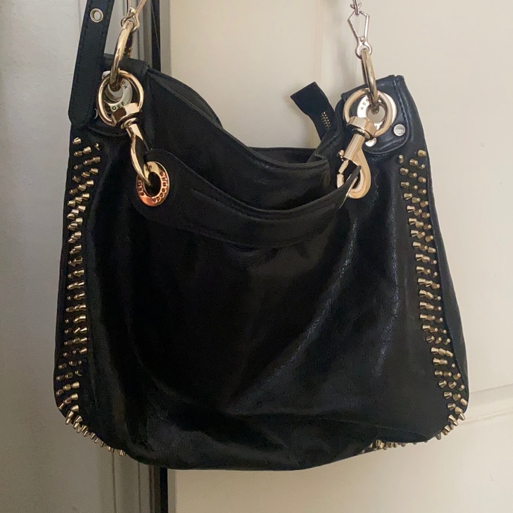 Rebecca Minkoff Studded Black Leather Shoulder Bag - Gold Hardware